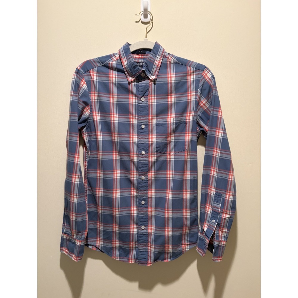 J.Crew Flex Washed Slim Fit Plaid Button Down Shirt Mens XS Blue Red Long Sleeve